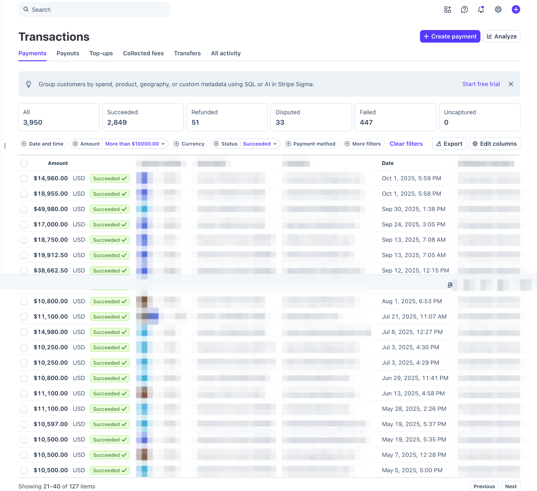 Large Successful Payments Across Historical Client Accounts